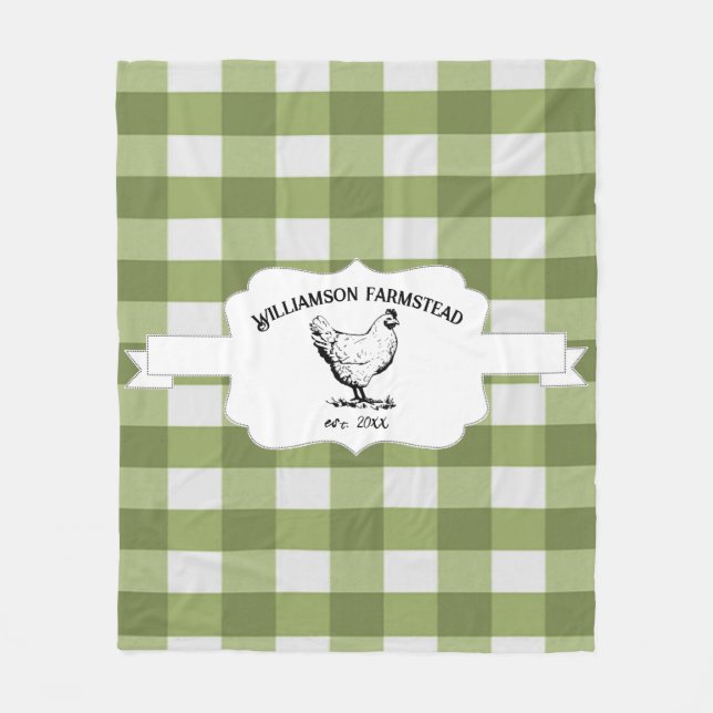 Green Buffalo Plaid Farm Chicken Fleece Blanket (Front)