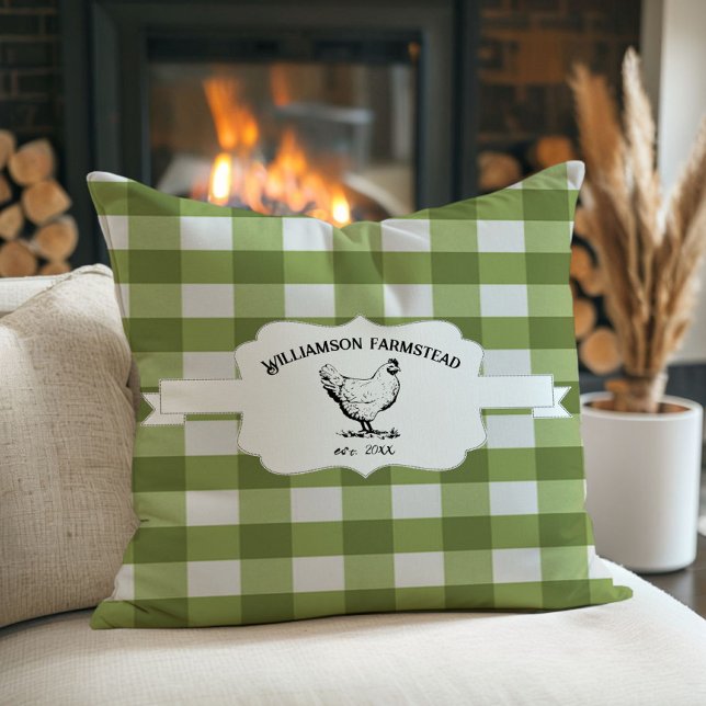 Green Buffalo Plaid Farm Chicken Throw Pillow (Green Buffalo Plaid Farm Chicken Throw Pillow)