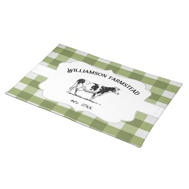 Green Buffalo Plaid Farm Cow Cloth Placemat (On Table)