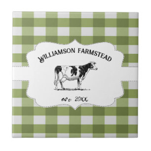 Green Buffalo Plaid Farm Cow Decorative Ceramic Tile