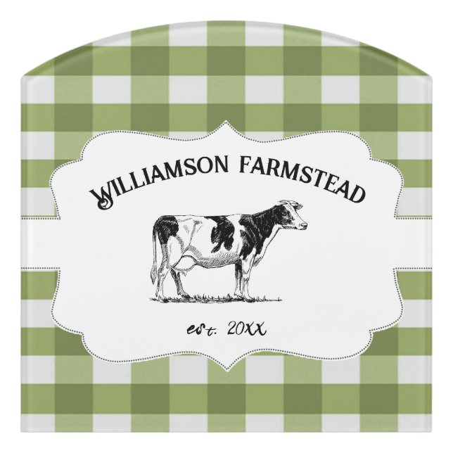 Green Buffalo Plaid Farm Cow Door Sign (Contour Front)