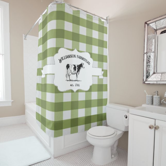 Green Buffalo Plaid Farm Cow Shower Curtain (In Situ)