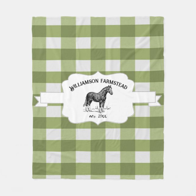 Green Buffalo Plaid Farm Horse Fleece Blanket (Front)