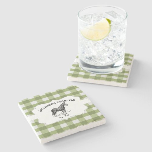 Green Buffalo Plaid Farm Horse Stone Coaster