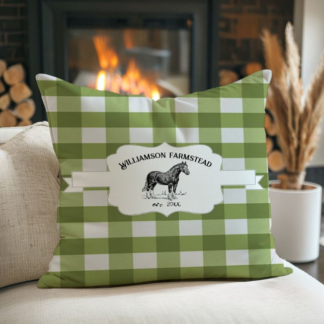 Green Buffalo Plaid Farm Horse Throw Pillow (Green Buffalo Plaid Farm Horse Throw Pillow)