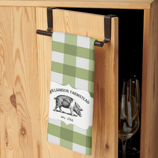 Green Buffalo Plaid Farm Pig Kitchen Towel (Thirds Fold)