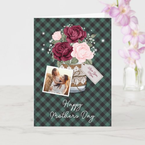 Green Buffalo Plaid Floral Photo Mothers Day Card