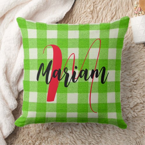 Green Buffalo Plaid - Gingham Check initial Name Throw Pillow