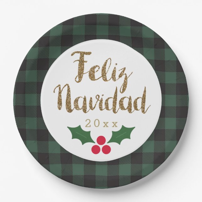 Green Buffalo Plaid Gold Feliz Navidad Paper Plates (Front)