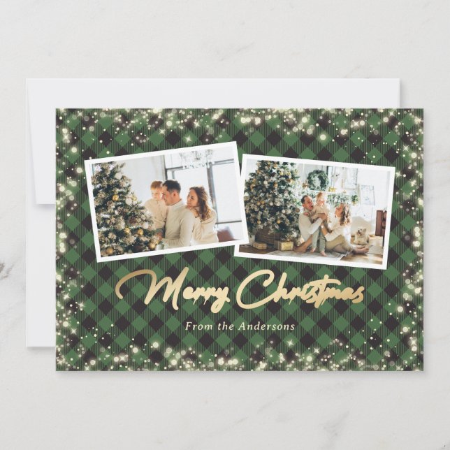 Green Buffalo Plaid Gold Photo Christmas Holiday Card (Front)