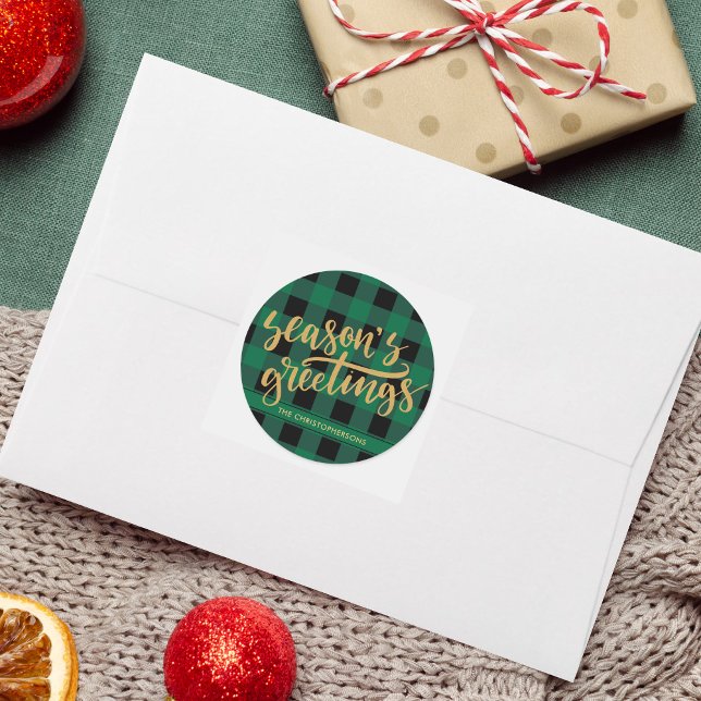 Green Buffalo Plaid Gold Script SEASONS GREETINGS Classic Round Sticker (Creator Uploaded)