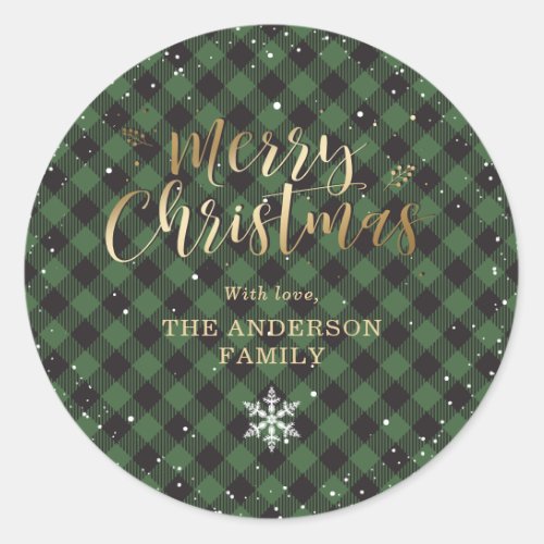 Green Buffalo Plaid Gold Snow Christmas Classic Round Sticker