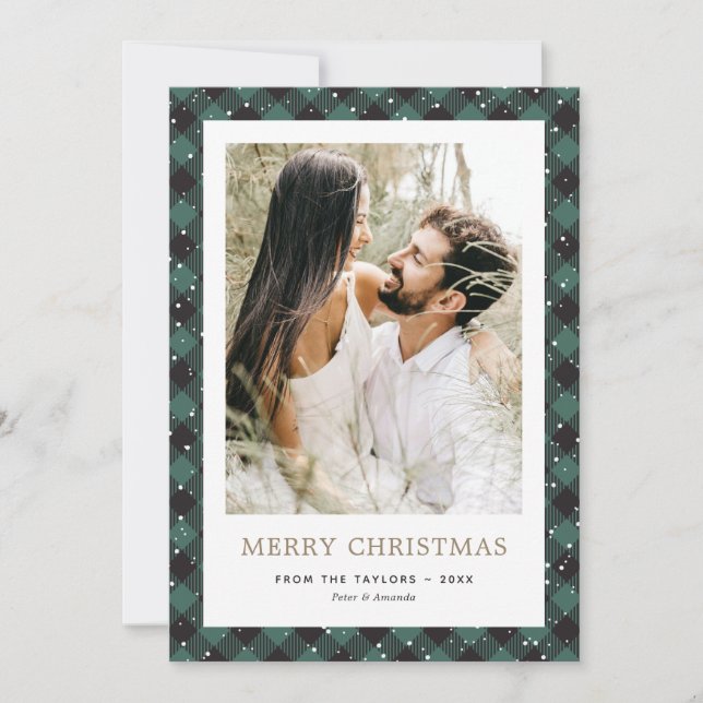 Green Buffalo Plaid Gold Snow Photo Christmas Holiday Card (Front)