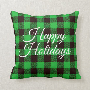 Green Buffalo Plaid Happy Holidays Throw Pillow