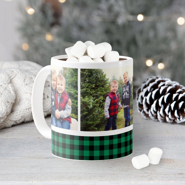 Green Buffalo Plaid Holiday Photo Collage Coffee Mug