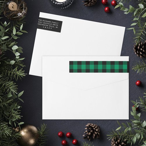 Green Buffalo Plaid Holiday Return Address Wrap Around Label