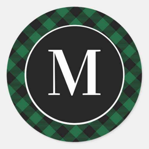 Green  Buffalo Plaid Initial Monogram Classic Round Sticker