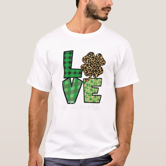 Green Buffalo Plaid Leopard Shamrock Truck St. Pat T-Shirt (Front)