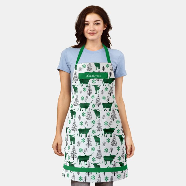 Green Buffalo Plaid Longhorn Pattern Apron (Worn)