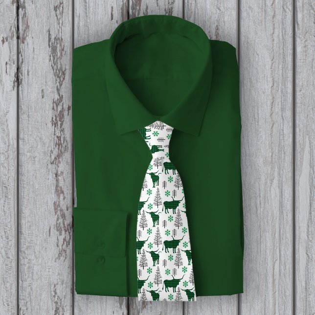 Green Buffalo Plaid Longhorn Pattern Neck Tie (Creator Uploaded)