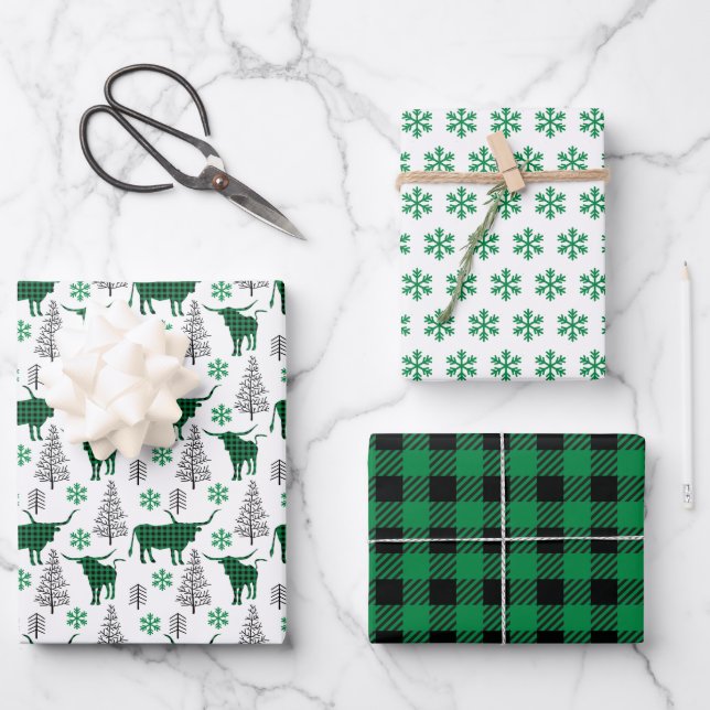 Green Buffalo Plaid Longhorn Pattern Wrapping Paper Sheets (Front)