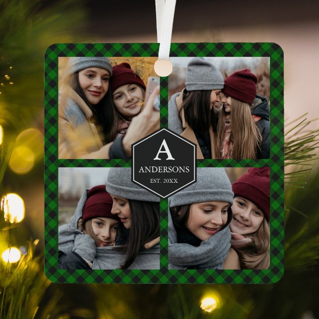 Green Buffalo Plaid Lumberjack Photo Collage Metal Ornament (Creator Uploaded)