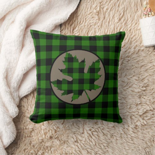 Green Buffalo Plaid Maple Leaf Throw Pillow
