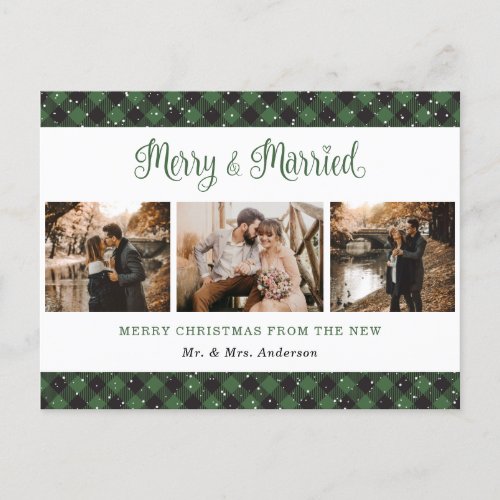 Green Buffalo Plaid Married and Merry Newlyweds Holiday Postcard