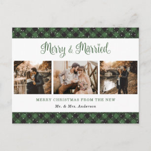 Green Buffalo Plaid Married and Merry Newlyweds Holiday Postcard