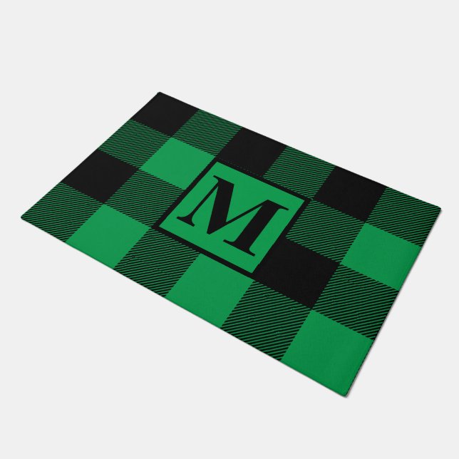 Green Buffalo Plaid Monogram Christmas Doormat (Angled)