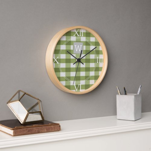 Green Buffalo Plaid Monogram Clock