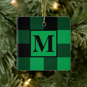 Green Buffalo Plaid Monogram Xmas Ceramic Ornament