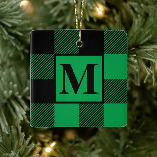 Green Buffalo Plaid Monogram Xmas Ceramic Ornament (Tree)