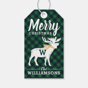 Green Buffalo Plaid Moose Monogram Christmas Gift Tags