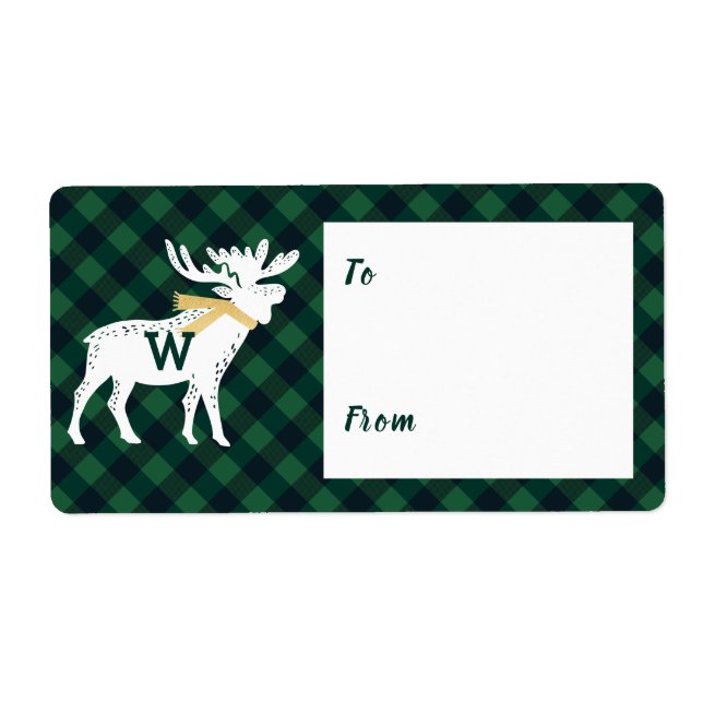 Green Buffalo Plaid Moose Monogram Christmas Label (Front)