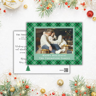 Green Buffalo Plaid One Photo Christmas Holiday Postcard