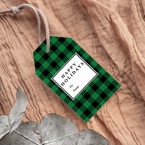 Green Buffalo Plaid Pattern Christmas Name Gift Tags