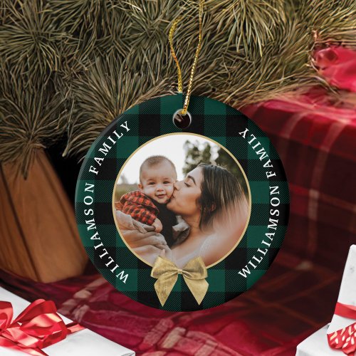 Green Buffalo Plaid Pattern Gold Bow Family Photo Ceramic Ornament