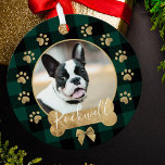 Green Buffalo Plaid Pattern Gold Bow Family Photo  Metal Ornament<br><div class="desc">Add a cozy and warm charm to your Christmas tree with our Pet photo metal ornament featuring a cozy and warm green buffalo plaid pattern background. Circle photo frame with a festive faux gold bow and bone. Customize with your pets name & photo. Designed by Moodthology Papery</div>