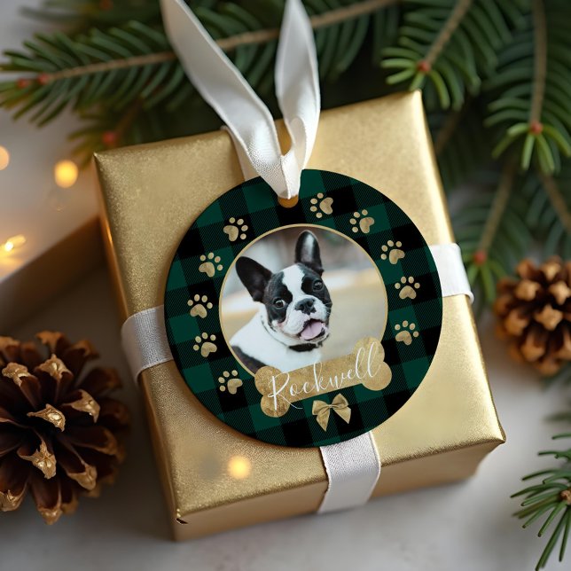 Green Buffalo Plaid Pattern Gold Bow Family Photo  Metal Ornament (Green Buffalo Plaid Pattern Gold Bow Family Photo Metal Ornament)