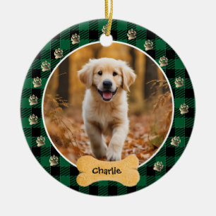 Green Buffalo Plaid Pattern Gold Pet Print Family Ceramic Ornament