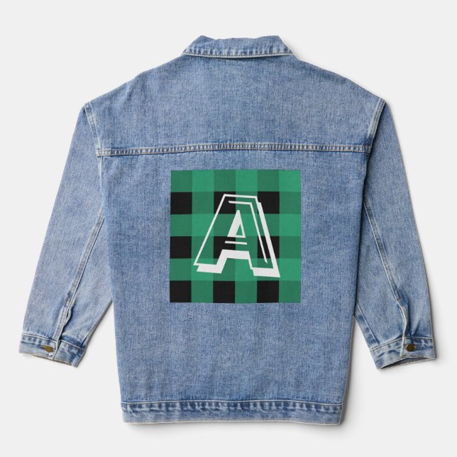 Green Buffalo Plaid Patterned Monogrammed Denim Jacket (Back)