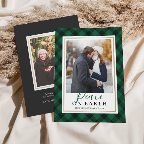 Green Buffalo Plaid Peace On Earth Photo Holiday Card