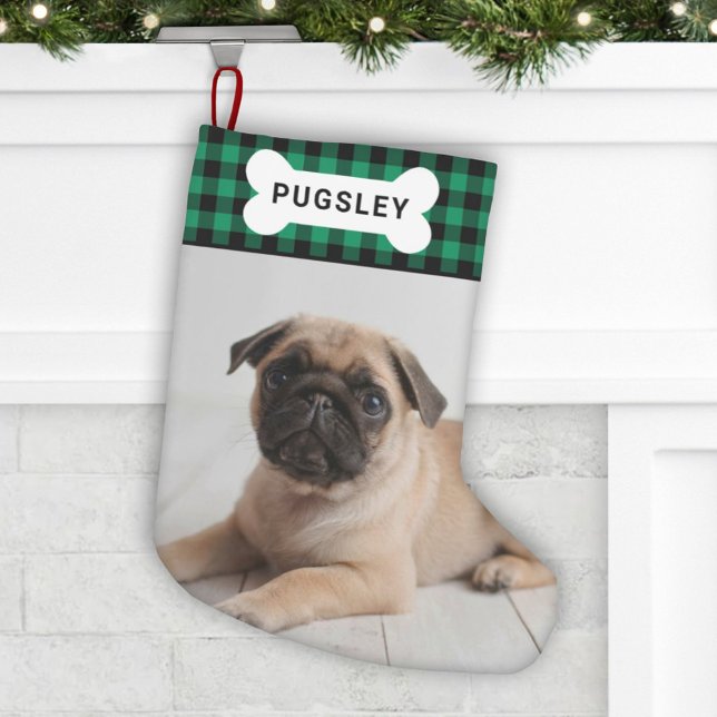 Green Buffalo Plaid Pet Dog Bone Monogram Photo Small Christmas Stocking (Creator Uploaded)