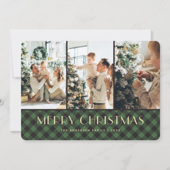 Green Buffalo Plaid Photo Collage Merry Christmas Card