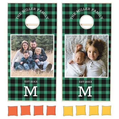 Green Buffalo Plaid Photo Family Name  Monogram Cornhole Set