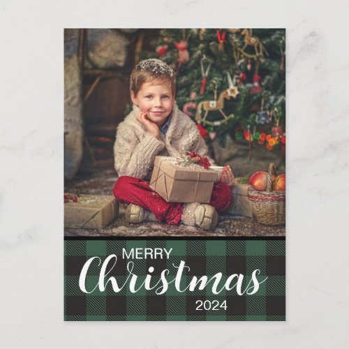 Green Buffalo Plaid Photo Merry Christmas 2024 Postcard