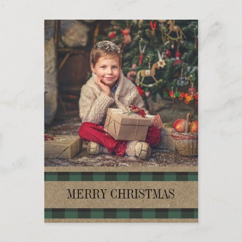 Green Buffalo Plaid Photo Merry Christmas Postcard