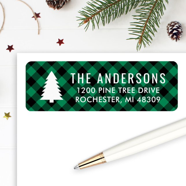 Green Buffalo Plaid Pine Tree Christmas Address Label (Creator Uploaded)