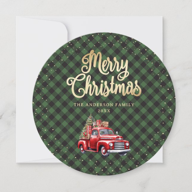 Green Buffalo Plaid Red Truck Christmas Cards (Front)